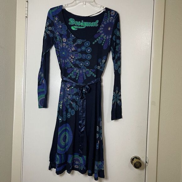 DESIGUAL blue abstract circles sequin v-neck long sleeve wrapped dress EU Small - Picture 1 of 9